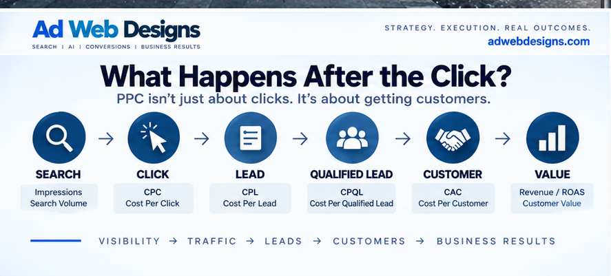 PPC measurement stages from search and click through lead, qualified lead, customer acquisition and revenue value.