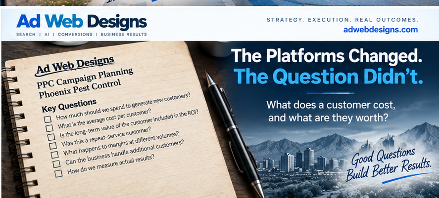 Ad Web Designs PPC planning illustration showing customer acquisition cost, customer value, repeat business and measurable results as core paid search questions.