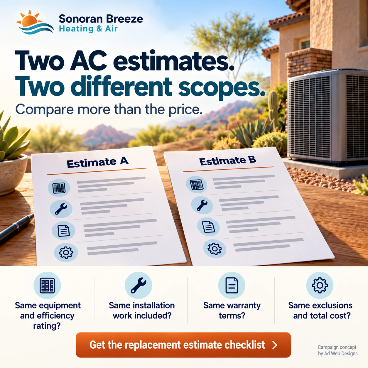 Sonoran Breeze AC estimate comparison campaign asking homeowners to compare equipment, installation, warranty terms, exclusions and total cost.