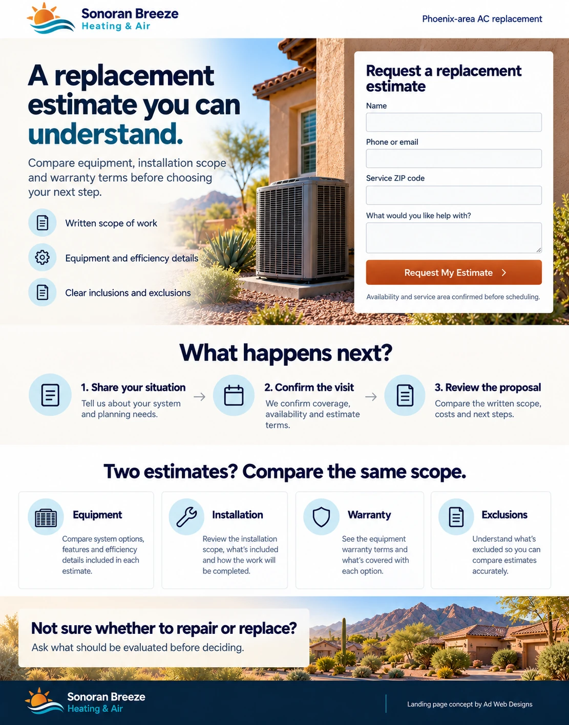 Sonoran Breeze AC replacement landing-page concept with an estimate request form, visit steps and equipment, installation and warranty comparisons.
