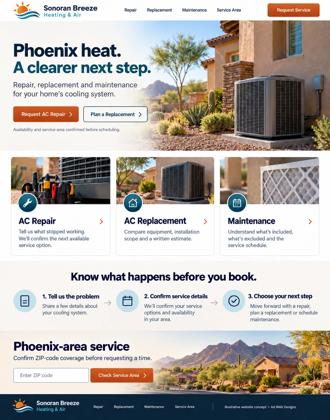 Sonoran Breeze Heating & Air homepage concept with Phoenix AC repair, replacement and maintenance paths, booking steps and service-area confirmation.