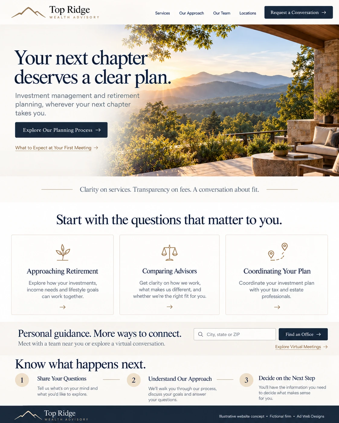 Illustrative Top Ridge Wealth Advisory homepage with retirement-planning paths, an office finder, virtual meetings, and first-meeting steps.